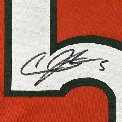 Framed Autographed/Signed Andre Johnson Miami Orange 33x42 College Football Jersey JSA COA