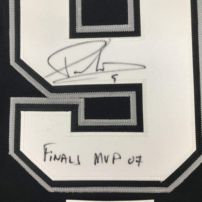 Framed Autographed/Signed Tony Parker Finals MVP 07 33x42 San Antonio Black Basketball Jersey JSA COA