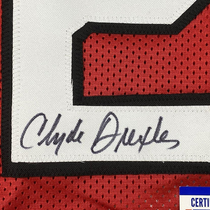 Framed Autographed/Signed Clyde Drexler 33x42 Portland Red Basketball Jersey PSA/DNA COA