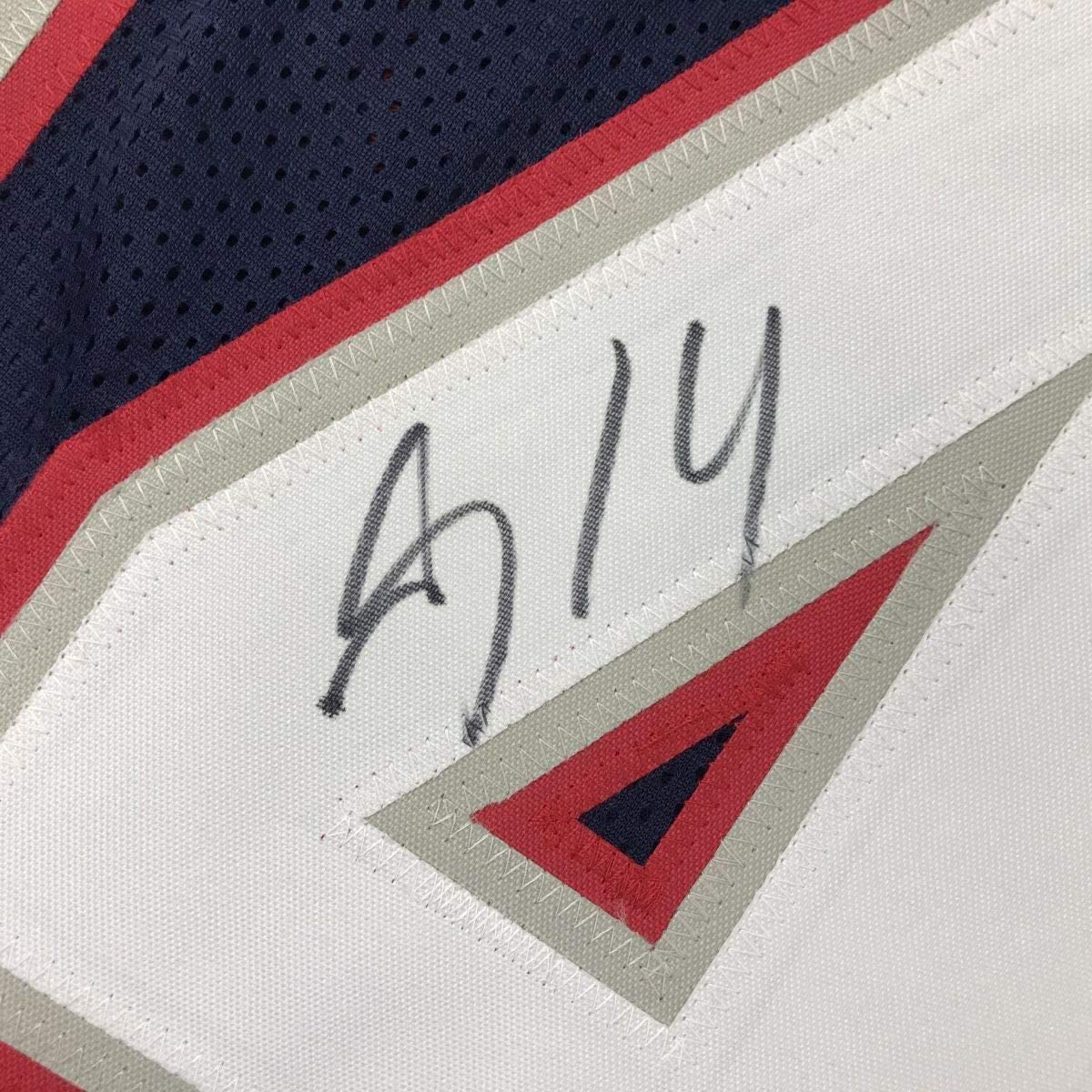 Framed Autographed/Signed Mohamed Sanu 33x42 New England Blue Football Jersey JSA COA