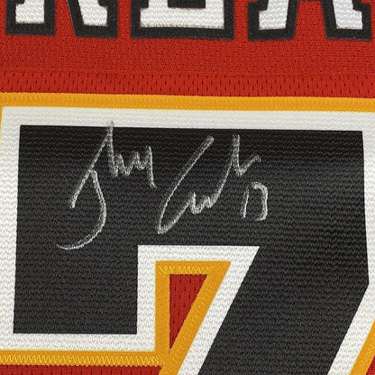 Framed Autographed/Signed Johnny Gaudreau 33x42 Calgary Flames Red Hockey Jersey Fanatics COA