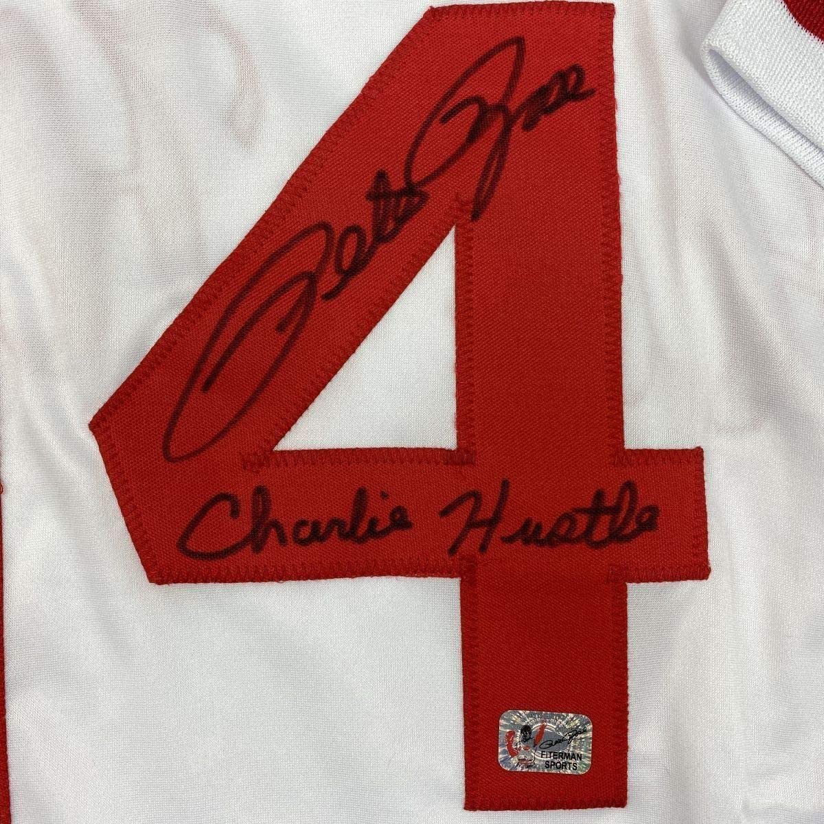 Framed Autographed/Signed Pete Rose Inscribed Charlie Hustle 33x42 Cincinnati White Baseball Jersey Athlete Hologram COA #2