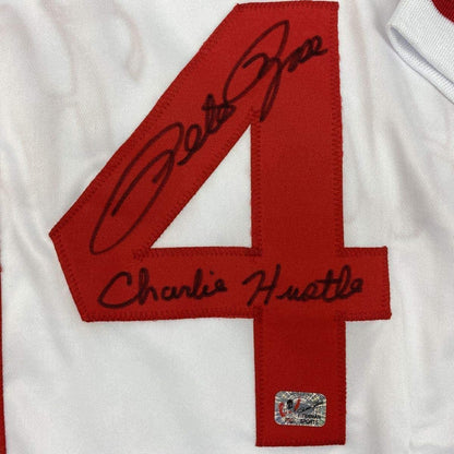 Framed Autographed/Signed Pete Rose Inscribed Charlie Hustle 33x42 Cincinnati White Baseball Jersey Athlete Hologram COA #2