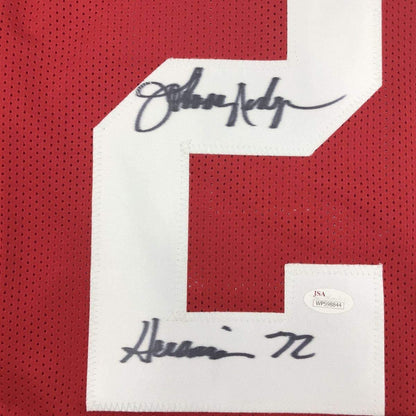 Framed Autographed/Signed Johnny Rodgers Heisman 72 33x42 Nebraska Cornhuskers Red Football Jersey JSA COA