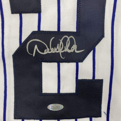 Framed Autographed/Signed Derek Jeter 33x42 New York Pinstripe Baseball Jersey Steiner Sports COA Hologram Only