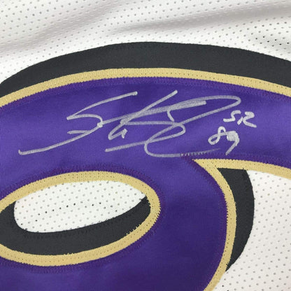 Framed Autographed/Signed Steve Smith Sr. 33x42 Baltimore White Football Jersey JSA COA