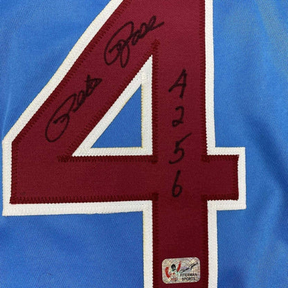 Framed Autographed/Signed Pete Rose 4256 33x42 Philadelphia Blue Baseball Jersey Athlete Hologram COA