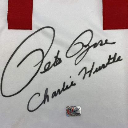 Framed Autographed/Signed Pete Rose Inscribed Charlie Hustle 33x42 Cincinnati White Baseball Jersey Athlete Hologram COA #1