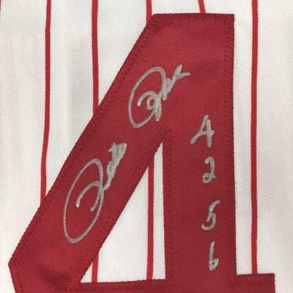 Framed Autographed/Signed Pete Rose 4256 33x42 Cincinnati Pinstripe Baseball Jersey JSA COA