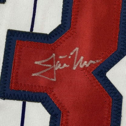 Framed Autographed/Signed Justin Morneau 33x42 Minnesota Pinstripe Baseball Jersey JSA COA