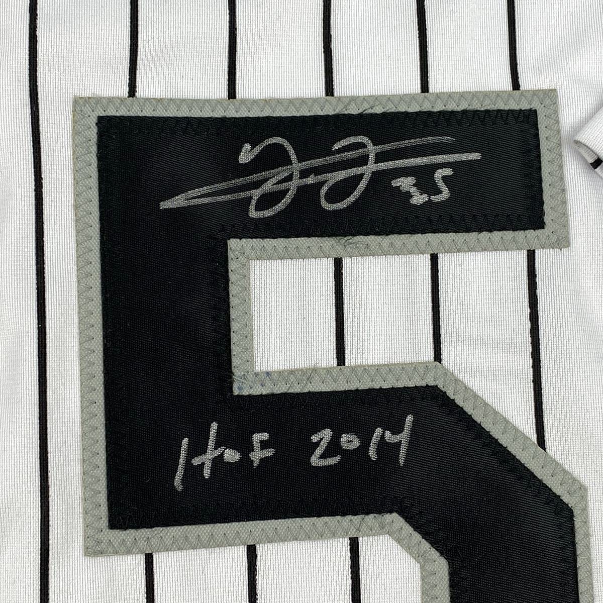 Framed Autographed/Signed Frank Thomas HOF 2014 33x42 Chicago Pinstripe Baseball Jersey JSA COA