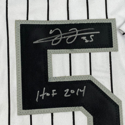 Framed Autographed/Signed Frank Thomas HOF 2014 33x42 Chicago Pinstripe Baseball Jersey JSA COA