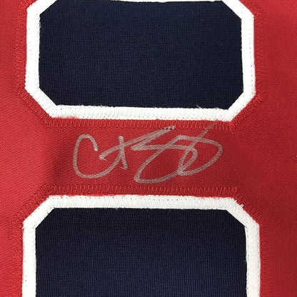 Framed Autographed/Signed Curt Schilling 33x42 Boston Blue Baseball Jersey JSA COA
