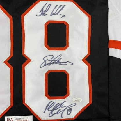 Framed Autographed/Signed Legion of Doom Eric Lindros, John LeClair & Mikail Renberg 33x42 Philadelphia Black Hockey Jersey JSA COA