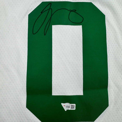 Framed Autographed/Signed Jayson Tatum 35x39 Boston Celtics White Basketball Jersey Fanatics COA