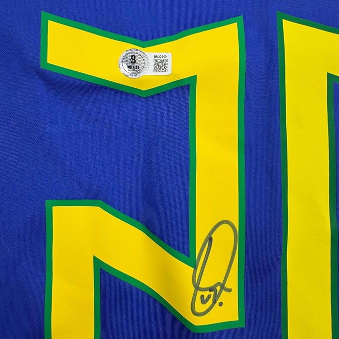 Framed Autographed/Signed Vini Vinicius Jr. 35x39 Brazil Blue Soccer Jersey Beckett BAS COA