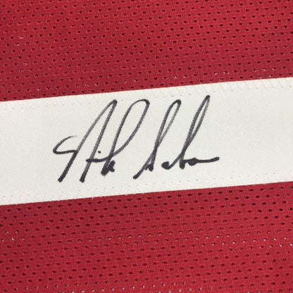Framed Autographed/Signed Nick Saban 33x42 Alabama Red College Football Jersey Beckett BAS COA