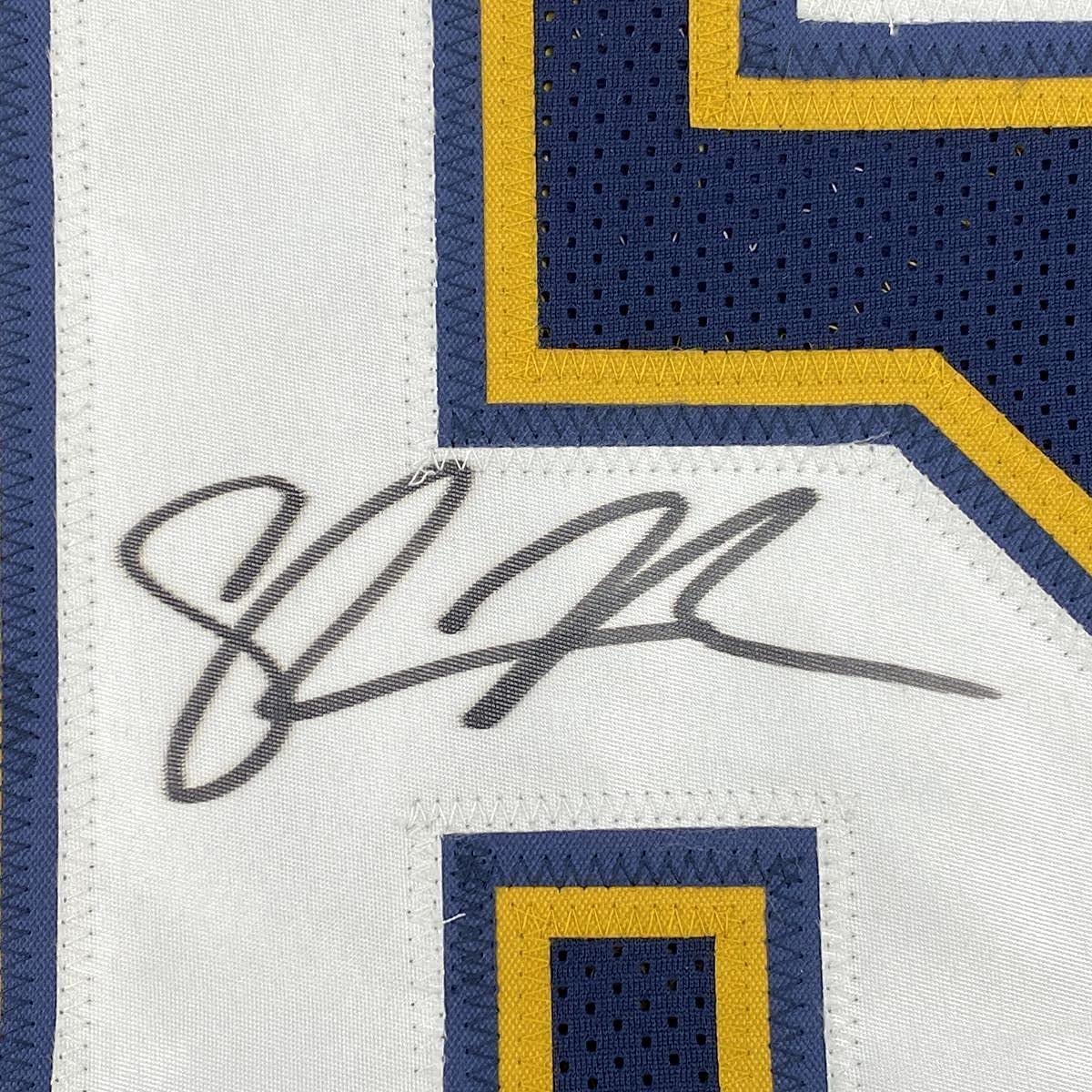 Framed Autographed/Signed Shawne Merriman 33x42 San Diego Dark Blue Football Jersey Beckett BAS COA