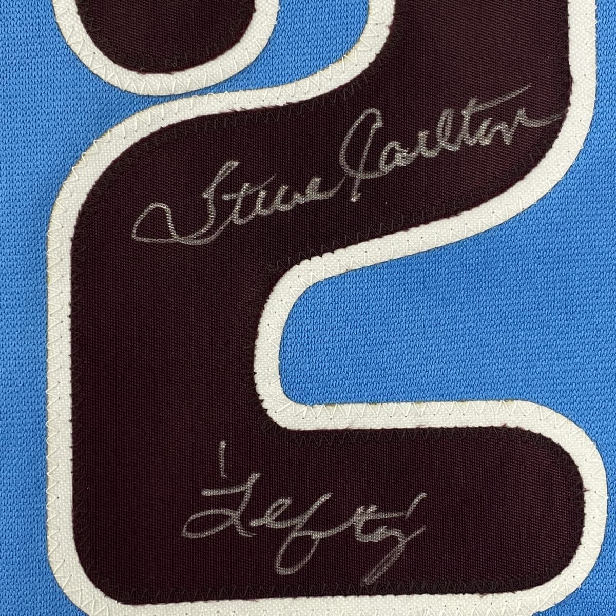 Framed Autographed/Signed Steve Carlton 33x42 Lefty Philadelphia Retro Blue Baseball Jersey JSA COA