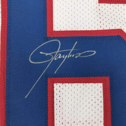 Framed Autographed/Signed Lawrence Taylor 33x42 New York White Football Jersey JSA COA