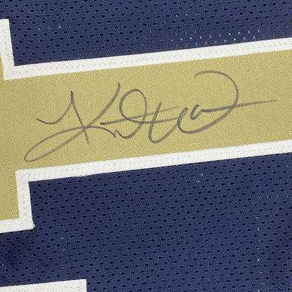 Framed Autographed/Signed Kurt Warner 33x42 St. Louis Dark Blue Football Jersey JSA COA