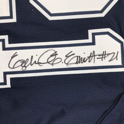 Framed Autographed/Signed Ezekiel Elliott 33x42 Dallas Dark Blue Football Jersey PSA/DNA COA