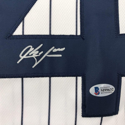 Framed Autographed/Signed Aroldis Chapman 33x42 New York Pinstripe Baseball Jersey Beckett BAS COA Holo Only