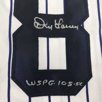 Autographed/Signed Don Larsen"WS PG 10-8-56" New York Pinstripe Baseball Jersey Beckett BAS COA