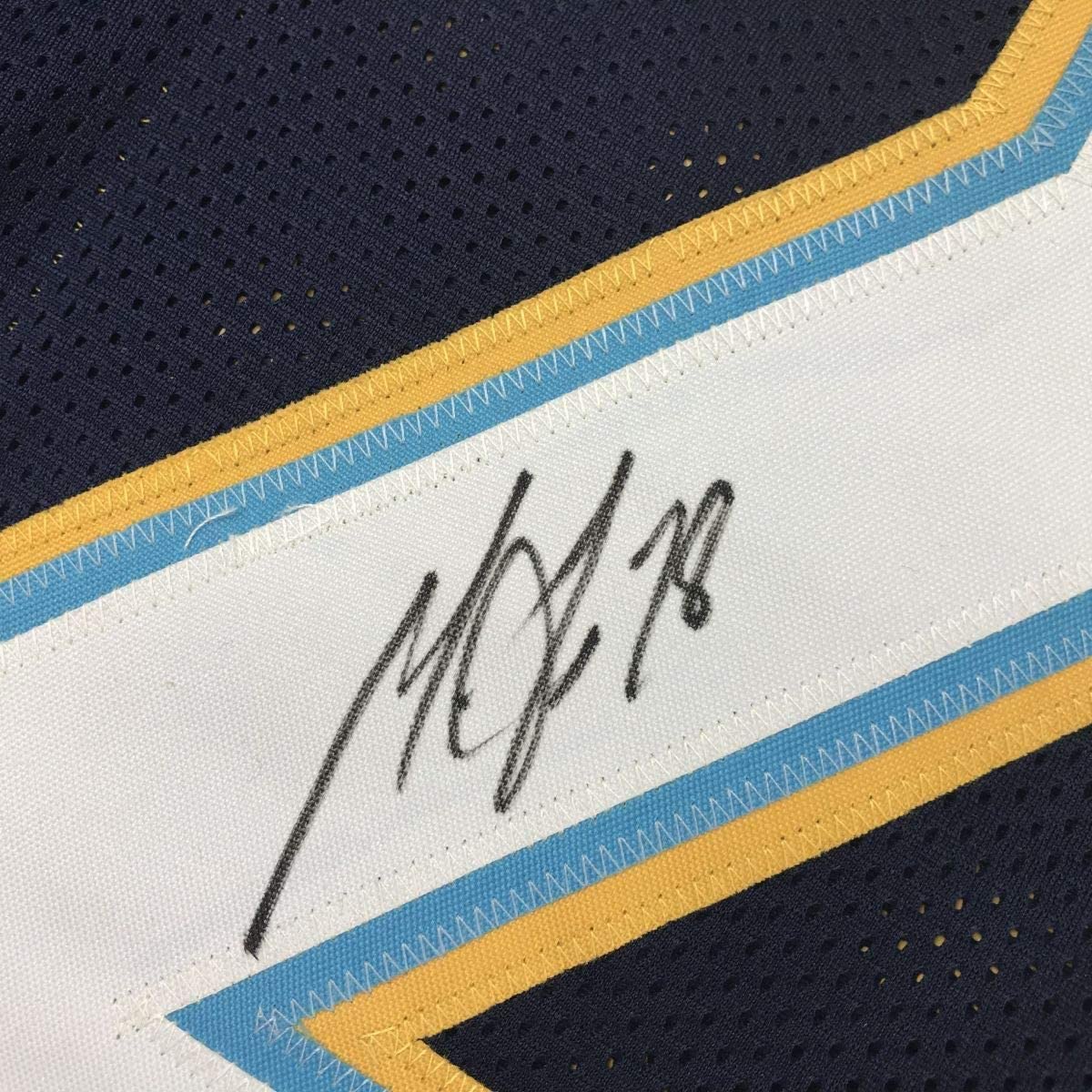 Framed Autographed/Signed Melvin Gordon 33x42 Los Angeles LA Chargers Dark Blue Football Jersey Beckett BAS COA