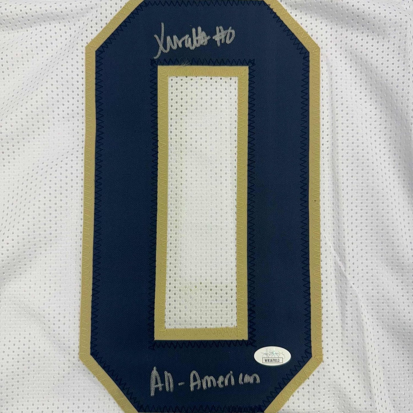 Framed Autographed/Signed Xavier Watts All-American 35x39 Notre Dame White College Football Jersey JSA COA