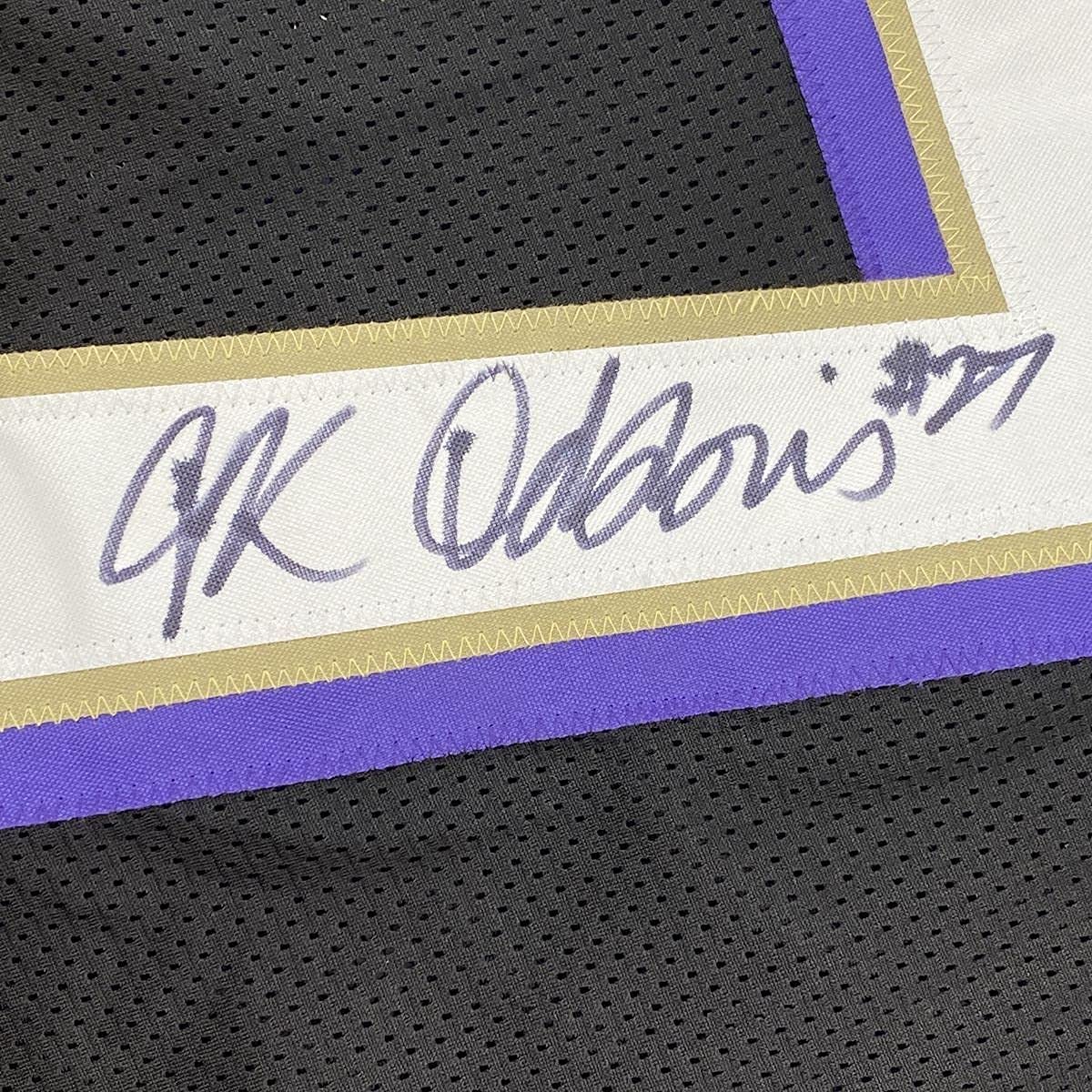 Framed Autographed/Signed JK J.K. Dobbins 33x42 Baltimore Black Football Jersey JSA COA