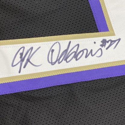 Framed Autographed/Signed JK J.K. Dobbins 33x42 Baltimore Black Football Jersey JSA COA