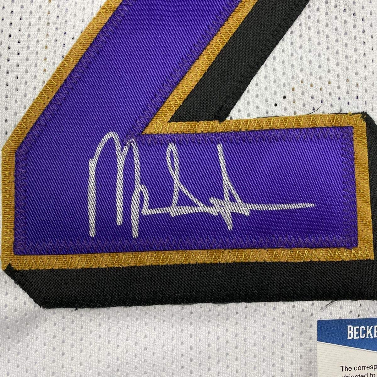 Framed Autographed/Signed Mark Ingram II 33x42 Baltimore White Football Jersey Beckett BAS COA