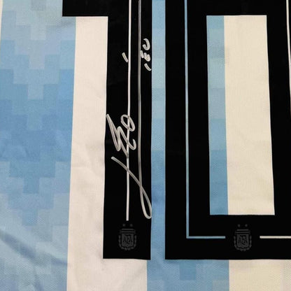 Framed Autographed/Signed Lionel Leo Messi 35x39 Argentina Blue/White Soccer Jersey Beckett BAS COA