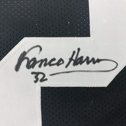 Framed Autographed/Signed Franco Harris 35x39 Pittsburgh Black Football Jersey JSA COA