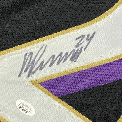Framed Autographed/Signed Marcus Peters 33x42 Baltimore Black Football Jersey JSA COA
