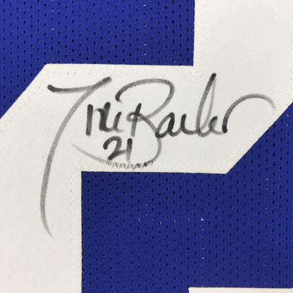 Framed Autographed/Signed Tiki Barber 33x42 New York Blue Football Jersey JSA COA