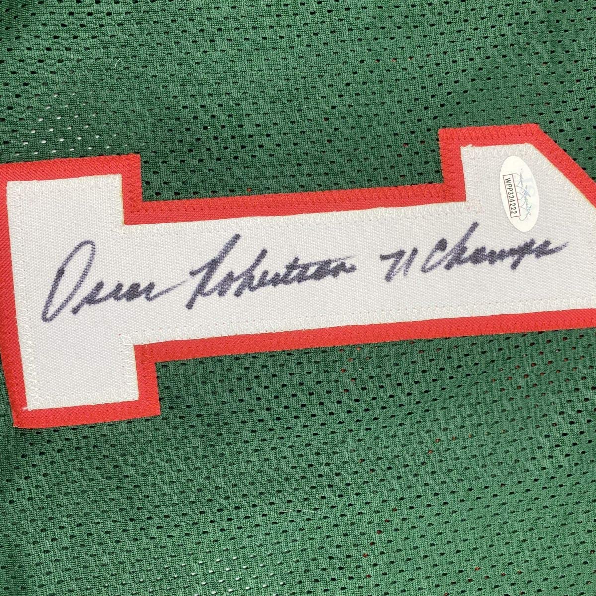 Framed Autographed/Signed Oscar Robertson 71 Champs 33x42 Milwaukee Green Basketball Jersey JSA COA