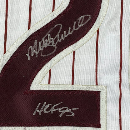Framed Autographed/Signed Mike Schmidt HOF 95 33x42 Philadelphia Pinstripe Baseball Jersey JSA COA