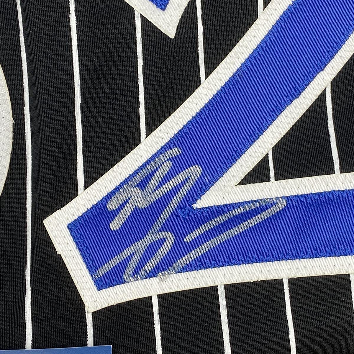 Framed Autographed/Signed Shaquille Shaq O'Neal 33x42 Orlando Black Pinstripe Basketball Jersey Beckett BAS COA