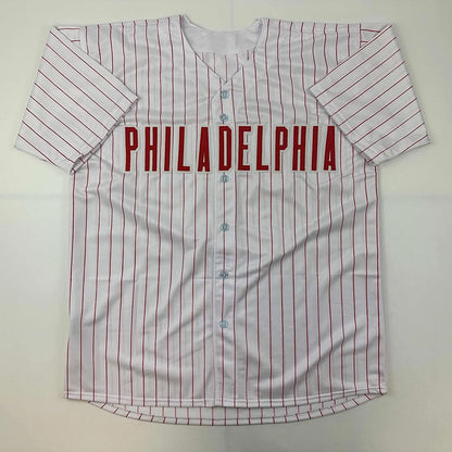Facsimile Autographed Bryce Harper Philadelphia Pinstripe Reprint Laser Auto Baseball Jersey Size Men's XL