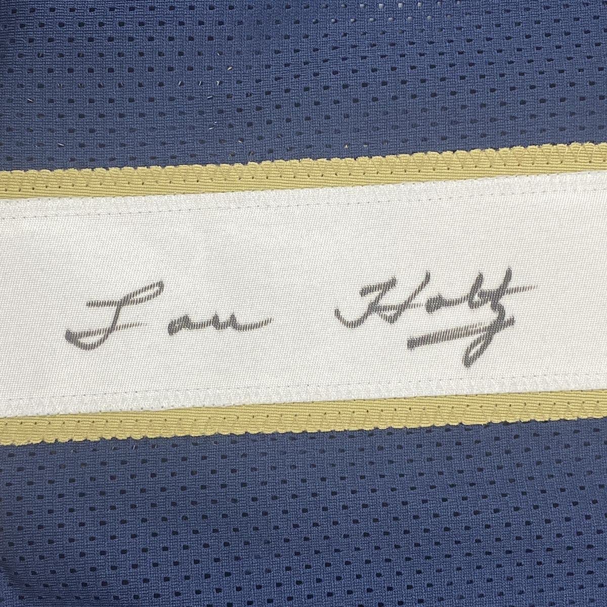 Framed Autographed/Signed Lou Holtz 33x42 Notre Dame Blue College Football Jersey JSA COA