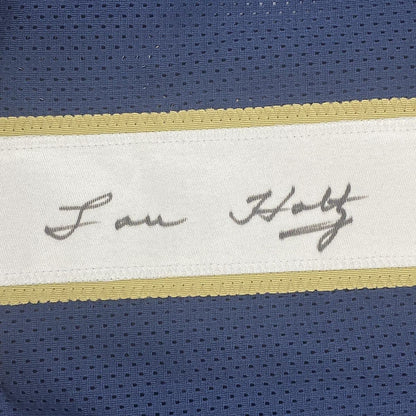 Framed Autographed/Signed Lou Holtz 33x42 Notre Dame Blue College Football Jersey JSA COA