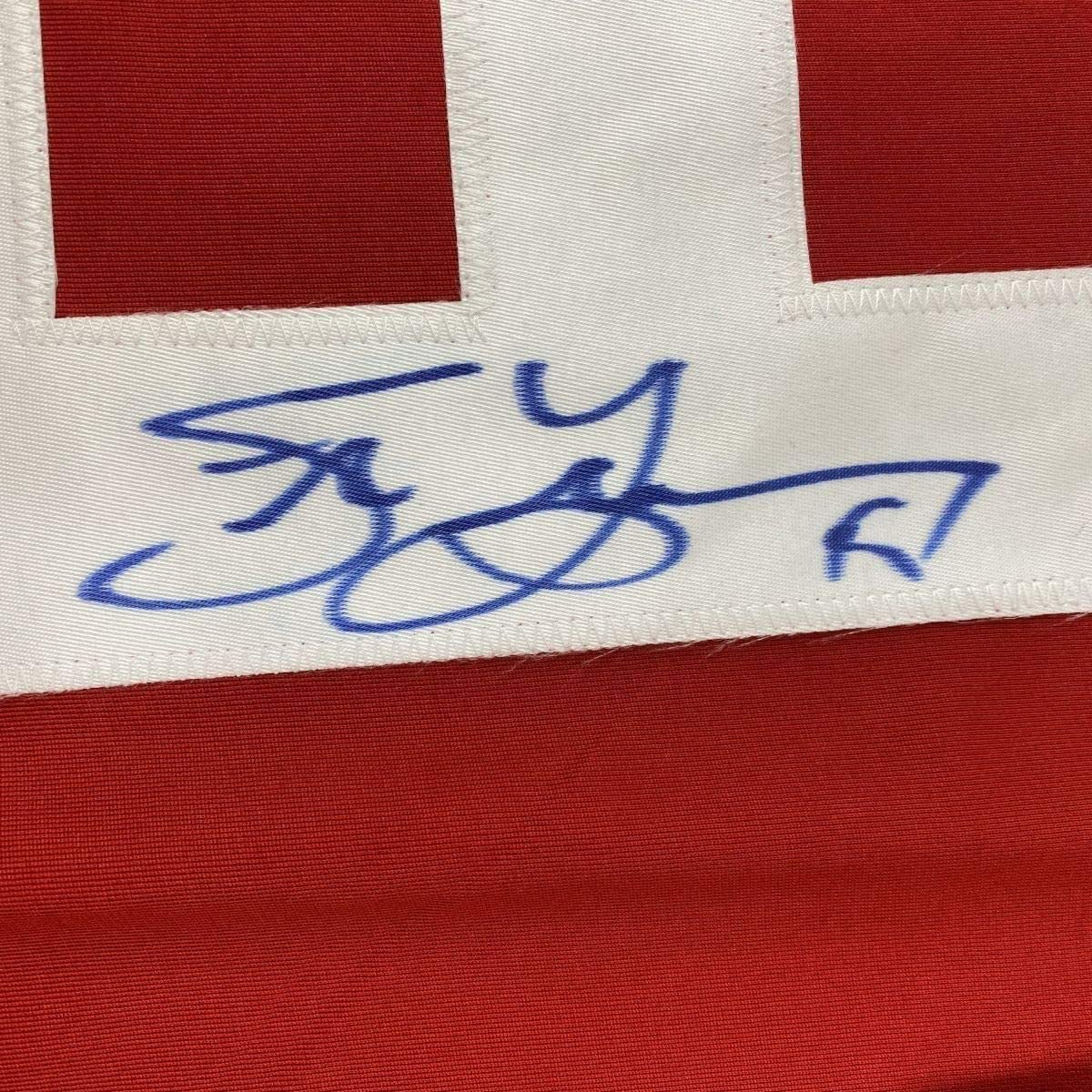 Framed Autographed/Signed Steve Yzerman 33x42 Detroit Red Hockey Jersey JSA COA