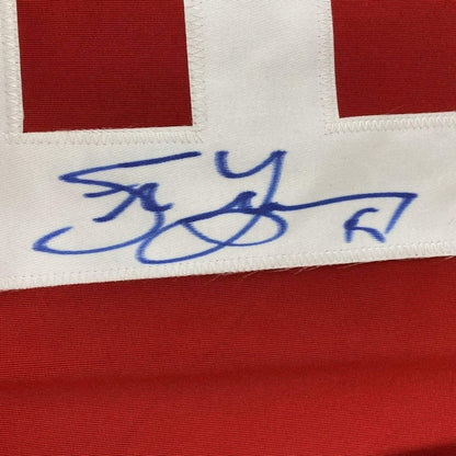 Framed Autographed/Signed Steve Yzerman 33x42 Detroit Red Hockey Jersey JSA COA