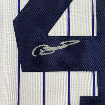 Framed Autographed/Signed Gary Sanchez 33x42 New York Pinstripe Baseball Jersey JSA COA