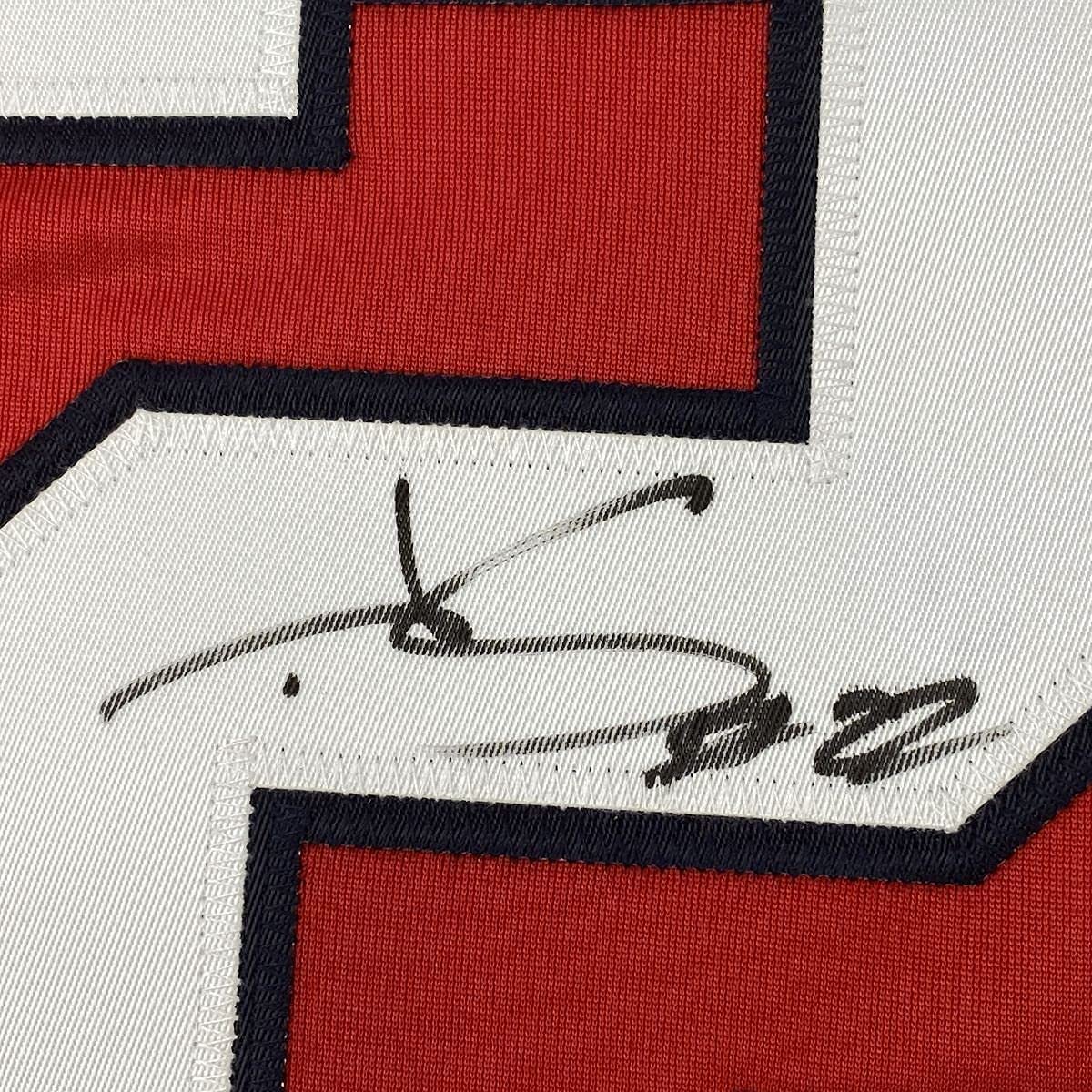 Framed Autographed/Signed Juan Soto 33x42 Washington Red Baseball Jersey JSA COA