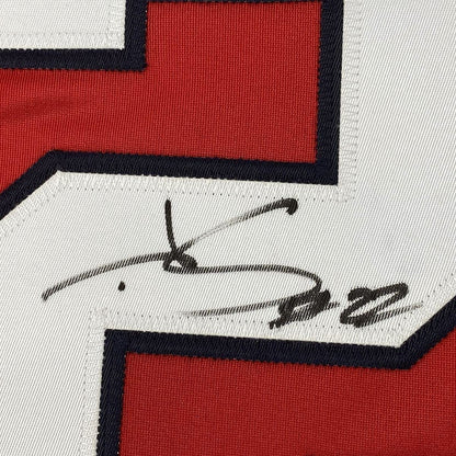 Framed Autographed/Signed Juan Soto 33x42 Washington Red Baseball Jersey JSA COA
