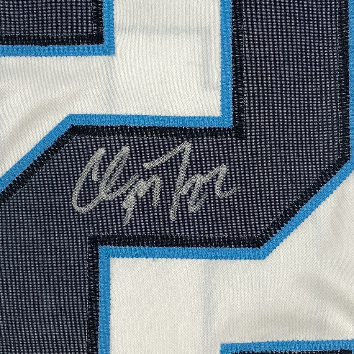 Framed Autographed/Signed Christian McCaffrey 33x42 Carolina White Football Jersey Beckett BAS COA