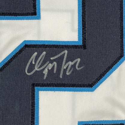 Framed Autographed/Signed Christian McCaffrey 33x42 Carolina White Football Jersey Beckett BAS COA